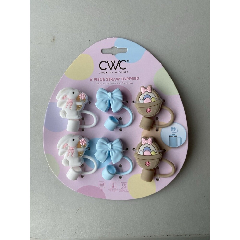 CWC Cook With Color Easter Straw Toppers Set of 6 Bunny Bow Egg Basket 10mm
